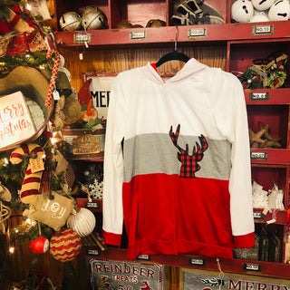 Hooded Colorblock Buffalo Plaid Deer Head Top