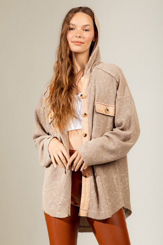 New In Ribbed Knit Hooded Cozy Washed Jacket Camel