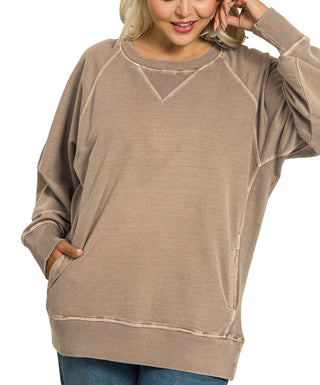 Zenana Pigment Dyed French Terry Pullover with Pockets Mocha