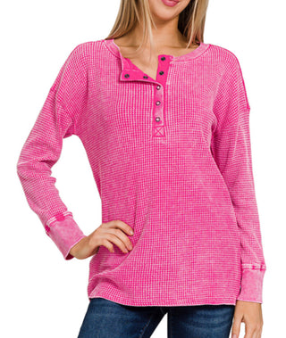 Zenana Acid Washed Waffle Henley Neckline Long Sleeve Top Hot Pink