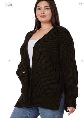Zenana Waffle Open Cardigan Plus Size Black