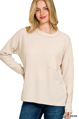 Zenana Ribbed Brushed Melange Hacci Sweater with Pocket Sand Beige