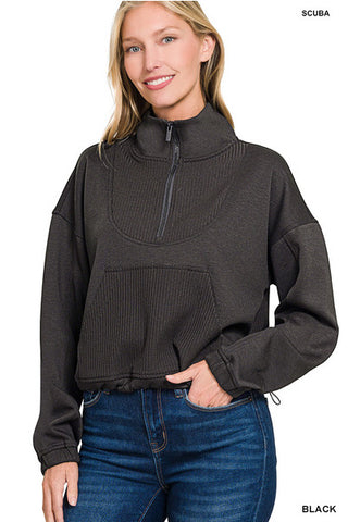 Zenana Scuba Half Zip Ribbed Detailed Pullover Black