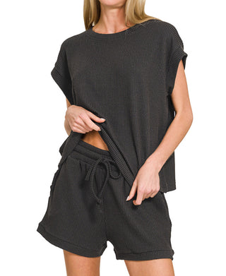 Zenana Raised Rib Cap Sleeve Top & Shorts Set Black 8623
