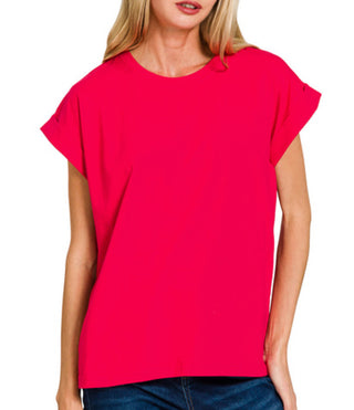 Zenana Cotton Folded Sleeve T-Shirt Ruby