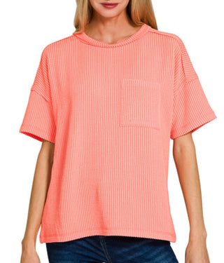Zenana Raised Rib Exposed Seam Short Sleeve Top Coral