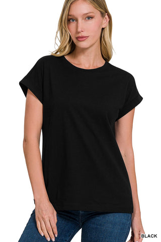 Zenana Cotton Folded Sleeve T-Shirt Black