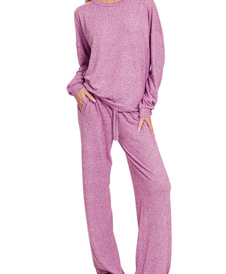 Zenana Soft Melange Hacci Long Sleeve Tee & Pants Set Lt Plum