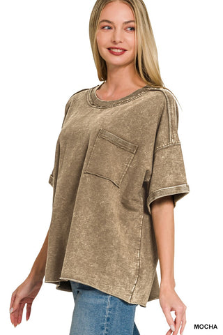 Zenana French Terry Acid Washed Exposed Seam T-Shirts Mocha