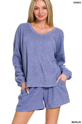 Zenana Ribbed Hacci V-Neck Long Sleeve Tee & Shorts Set Marlin
