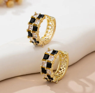 Josslyn Checker Black & Crystal Baguette Hoop Earrings Gold