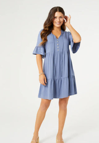 Coco & Carmen Kalina V-Neck Ruffle Collar Tunic Dress Blue L/XL