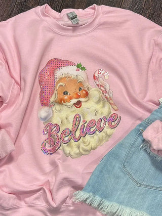 MidWest Tees Pink Santa Believe Sparkle Crewneck