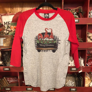 Holiday Gnomes Truck Red Raglan 3/4 Sleeve