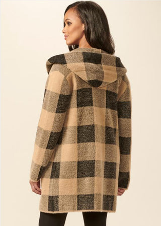 Charlie Paige Eyelash Yarn Plaid Open-Front Hoodie Coatigan 407065