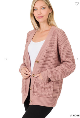 Zenana Waffle Cardigan with Pockets Light Rose