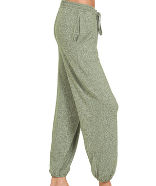 Zenana Soft Melange Hacci Tie Front Joggers Dark Olive