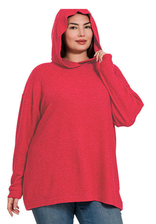 Zenana Hooded Brushed Melange Hacci Sweater Dark Red