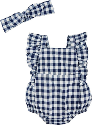 Mudpie Gingham Bubble & Headband Set Navy 6-9M