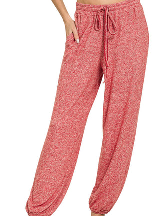 Zenana Soft Melange Hacci Tie Front Joggers Dark Red