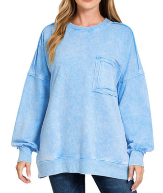 Zenana Halo Washed French Terry Exposed Seam Sweatshirt Sky Blue