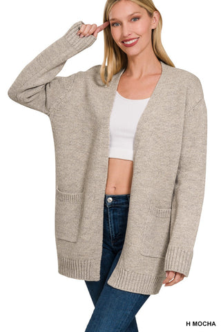 Zenana Open Front Sweater Cardigan Heather Mocha