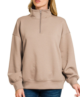 Zenana Scuba Half Zip Pullover with Pockets Cocoa