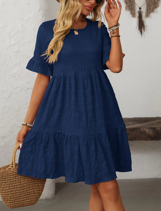 Lovesoft Ruffle Sleeve A Line Tiered Mini Dress Navy Blue