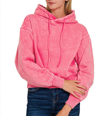 Zenana Acid Wash Fleece Cropped Hoodie Fuchsia