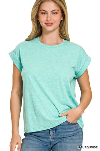 Zenana Cotton Folded Sleeve Heather Turquoise
