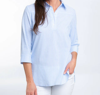 Elsie & Zoey Lakelyn 3/4 Sleeve Henly Top Blue Pinstripe