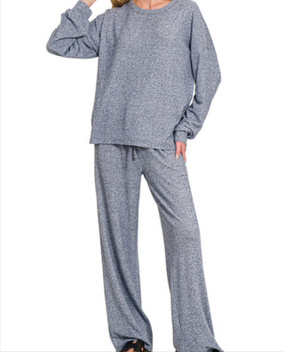 Zenana Soft Melange Hacci Long Sleeve Tee & Pants Set Navy