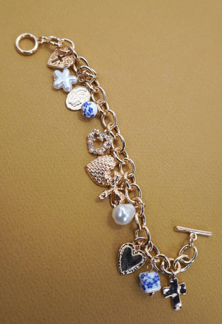 Josslyn Ceramic Porcelain Heart Bow Pearl Charm Bracelet Gold