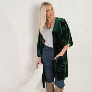 Howard's Mid Thigh Length Velvet Kimono w/Pockets OS