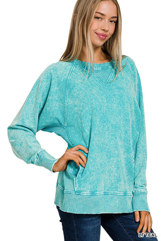 Zenana Acid Washed French Terry Pullover with Pockets Light Teal