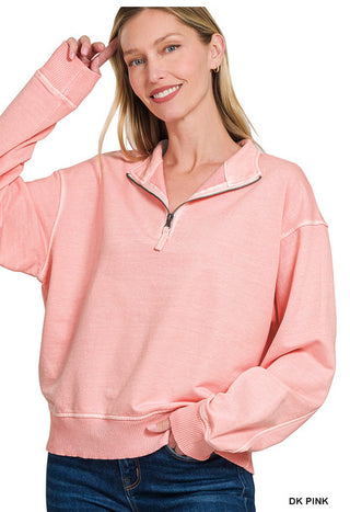 Zenana Terry Pigment Dye Enzyme Washed Half Zip Pullover Dark Pink