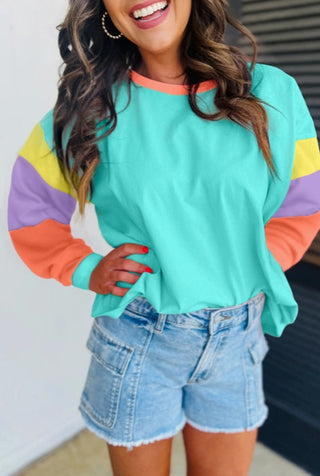 Lovesoft Colorblock Long Sleeve Loose Top Light Blue