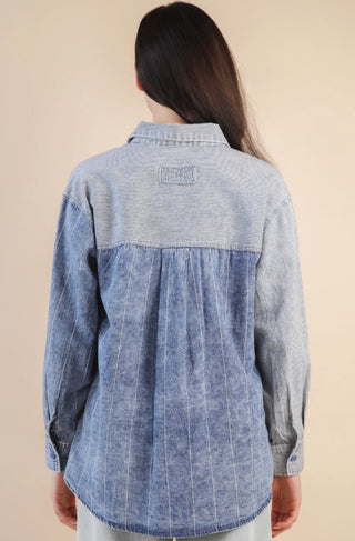 Very J Mineral Washed Colorblock Striped Shirt Indigo