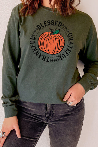 Kissed Apparel Blessed Grateful Thankful Pumpkin Long Sleeve Tee