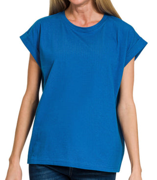 Zenana Folded Sleeve T-Shirt Classic Blue