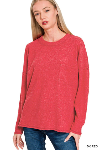 Zenana Ribbed Brushed Melange Hacci Sweater with Pocket Dk Red