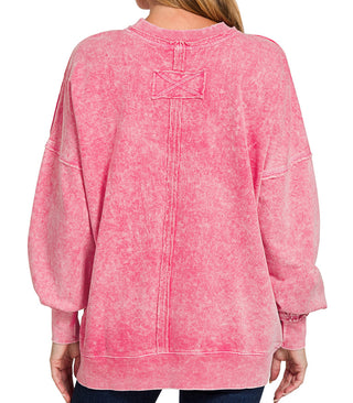 Zenana Halo Washed French Terry Exposed Seam Sweatshirt Red