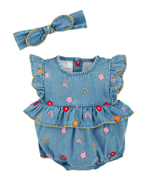 Mudpie Rainbow Flower Denim Bubble Headband Set