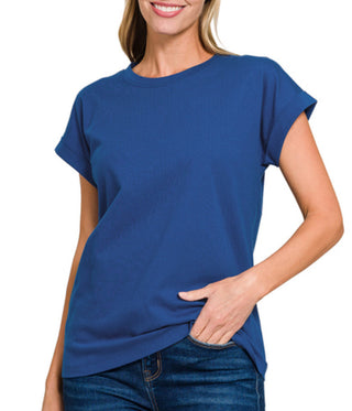 Zenana Cotton Folded Sleeve T-Shirt Light Navy
