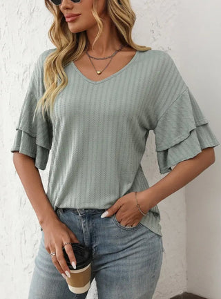 Lovesoft V-Neck Ruffle Sleeve Short Sleeve Top Bean Green