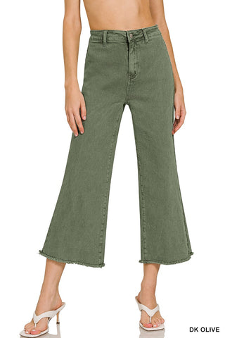 Zenana Acid Wash HW Fray Hem Straight Pants Dark Olive 1854Y