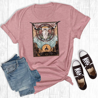 Rebel Rose Cow Skull Cowboy Desert T-Shirt Mauve