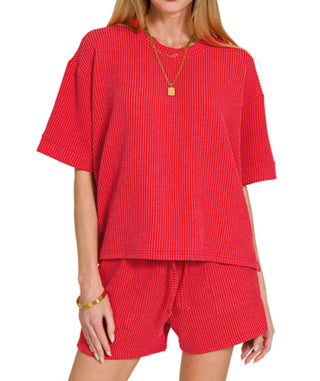 Zenana Raised Rib Short Sleeve Tee & Short Set Ruby 8588