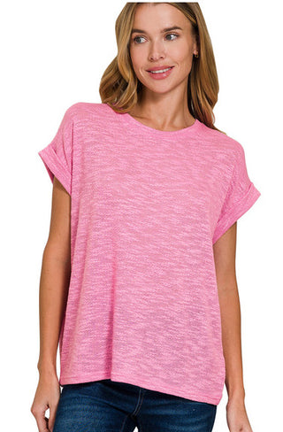 Zenana Hacci Rolled Up Sleeve Tee Candy Pink