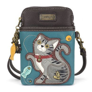Chala Cellphone Crossbody Gray Tabby Cat Turquoise 827